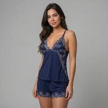 Baby Doll Suede PLUS SIZE Bicolor Pijama de Dormir Blusinha e Shortinho Confortável e Fresquinho - Azul Marinho - Visão 3