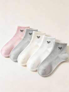 1/5 paires de chaussettes montantes femme avec volants et nœud en forme de cœur - respirantes, confortables, douces - convient pour le port quotidien, le travail, la maison - toutes saisons - Multicolore - Voir 3