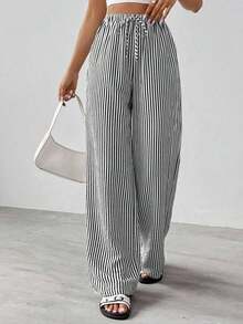 Tall Pantalones largos de mujer casuales de uso diario con estampado a rayas y estampados para primavera/verano - Negro 2 - Ver 1