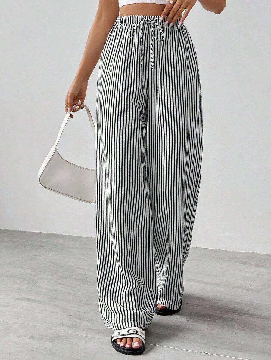 Tall Pantalones largos de mujer casuales de uso diario con estampado a rayas y estampados para primavera/verano - Negro 2 - Ver 1