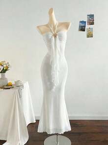 2026 Women's Romantic Gradient Mesh Knit Holiday Dress With Halter Neck, Bow And Decorative Metal Buckle, Mermaid Cut, Suitable For Parties, Dates, Afternoon Tea, Sexy And Elegant - 白色 - 查看 3