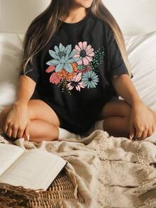 Camiseta casual de talla grande, camiseta de manga corta con estampado floral para mujer, cuello redondo ligeramente elástico - Negro - Ver 2