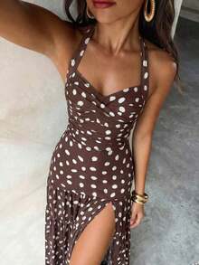 Conjunto de traje de baño de una pieza con escote halter y lunares asimétricos, talla grande falda larga para mujer - Marrón - Ver 4