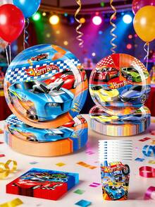Juego de 10 piezas/Set de decoraciones para fiesta de cumpleaños con tema de autos, juego de vajilla desechable con patrón de autos de carreras que incluye platos, vasos, servilletas, adecuado para fiestas de cumpleaños con tema de carreras para niños - A - Ver 6