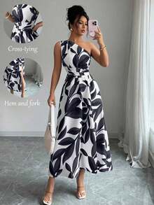 Elenzya Vestido con abertura de moda para mujer con estampado total, cintura ceñida y un solo hombro - Blanco y Negro - Ver 5
