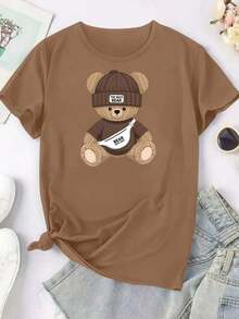 1 Bear Print T-Shirt - Soft, Breathable, Comfortable Cotton Blend, Short Sleeve, Casual Summer Sportswear, Easy Care, Quick Drying, Suitable For Outdoor Activities And Casual Wear, Casual Style, 100% Cotton, 180g, All Designs Are Printed. Unisex. - 預設圖 1 - 查看 2