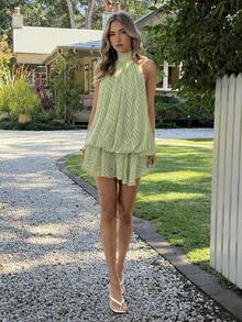 Vestido mini elegante de gasa con lazo  en color amarillo mantequilla para mujer, vestido para citas, vestido para para mujer, atuendos para luna de miel, vestido de invitada de boda, atuendos para vac - Verde - Ver 7