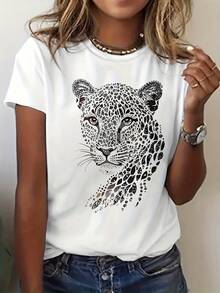 Camiseta con Estampado Gráfico de Leopardo, Manga Corta, Cuello Redondo, Estilo Casual para Verano y Primavera, Ropa de Mujer, Camiseta de Algodón para Familia Coordinada - Blanco - Ver 8