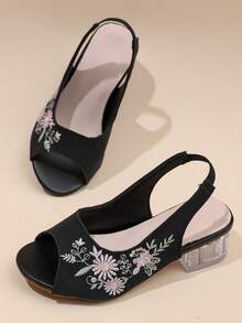 Children's Floral Embroidered Black High Heel Sandals - Black - View 7