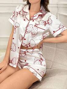 Beige & Red Bow Print Satin 2pcs Pajama Set, Women Lapel Sleepwear - White - View 3