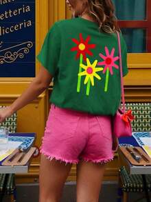 Women's T-Shirt, Short-Sleeved Graphic Tee, Casual Street Style, Cute Summer Top - Green 9 - View 4