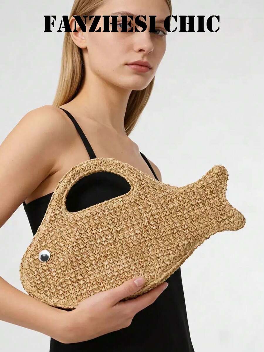 Natural Straw Woven Fish-Shaped Tote Handbag, Novelty Top Handle Beach Bag With 3D Eye Detail, Lightweight Casual Bag For Students & Office Ladies, Ideal For Beach Trips, Picnics & Daily Errands - Multicolor - View 1