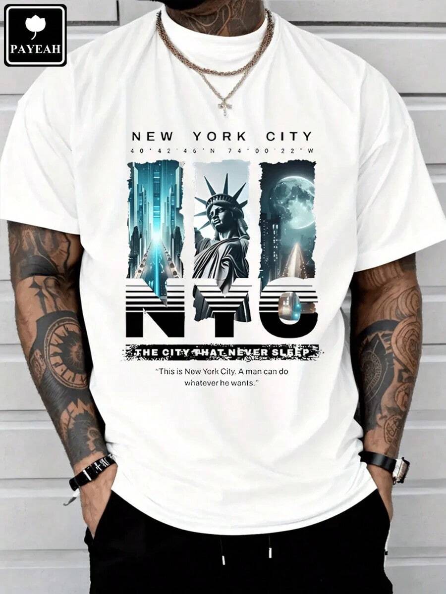 Short-Sleeve Heavyweight Cotton T-Shirt With New York Sky Freedom Graphic PAYEAH 100% Cotton - 白色的 - 查看 1