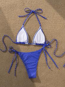 PEPPERMOLLY Bộ bikini chấm bi xanh dương với viền ren trắng, áo tắm hai mảnh buộc dây, đồ bơi dễ thương cho kỳ nghỉ xuân/hè 2023. - Màu xanh lam - Xem 3
