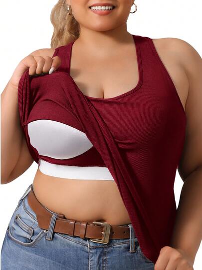 Plus Size Tank Tops For Women With Built In Bras,Sleeveless Camisole Casual Racerback Summer Curved Hem Shirts