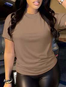 de verano para mujer de unicolor con cuello redondo sencillo y mangas cortas, para uso diario - Marrón Mocha - Ver 5