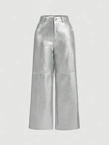 MOD Pantalones rectos de piel de poliuretano negros para una cita - Plateado - Ver 5