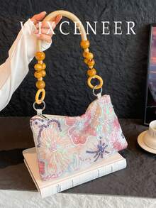 1pc Floral Sequin & Beaded Decor Woven Wooden Bracelet Handbag Retro Beach Style Women Zipper Shoulder Bag Suitable For Vacation Shopping Working - Multicolor - View 1
