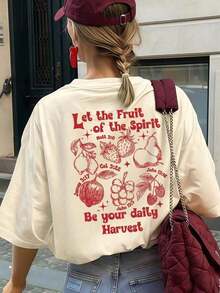 100% Algodón, Gratis Envío Mujeres Retro Cristiano Suelto Camiseta Cómodo Y Enérgico Redondo Cuello Camiseta Con Fruta De El Espíritu" Graffiti Fruta Patrón Y Biblia Fresco, INS Virales Pastoral Estilo Calle Desgaste, Adecuado Para Del Campo Mercado Brunch Iglesia Reunión Y Diario Tareas cotidianas Verano Casual2026-Lindo Ropa, Playa Vacaciones Conjuntos de ropa Mujer,Concierto Conjuntos casuales versátiles y cómodos de camisetas de algodón - Albaricoque - Ver 6