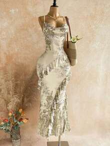 xheSoleia Vestido de mujer con estampado floral vintage colorido, cuello drapeado y volantes en el bajo, estilo vacacionalxhe - Amarillo claro - Ver 5