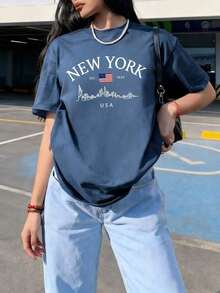 Women's Short-Sleeved T-Shirt With A Round Neck And Simple Slogan Print, Casual Summer Style, Loose Fit, Ideal For Everyday Wear And Holidays. Women's T-Shirt. - 霧霾藍 - 查看 6