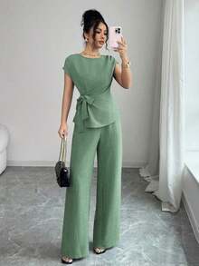 Blusa azul plisada con lazo ajustable en la cintura y pantalones anchos de tiro alto con bolsillos, conjunto elegante y casual para la oficina - Verde - Ver 6