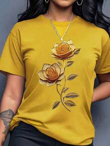 de mujer de manga corta con cuello redondo, estampado floral 3D, versátil y casual - Amarillo - Ver 1