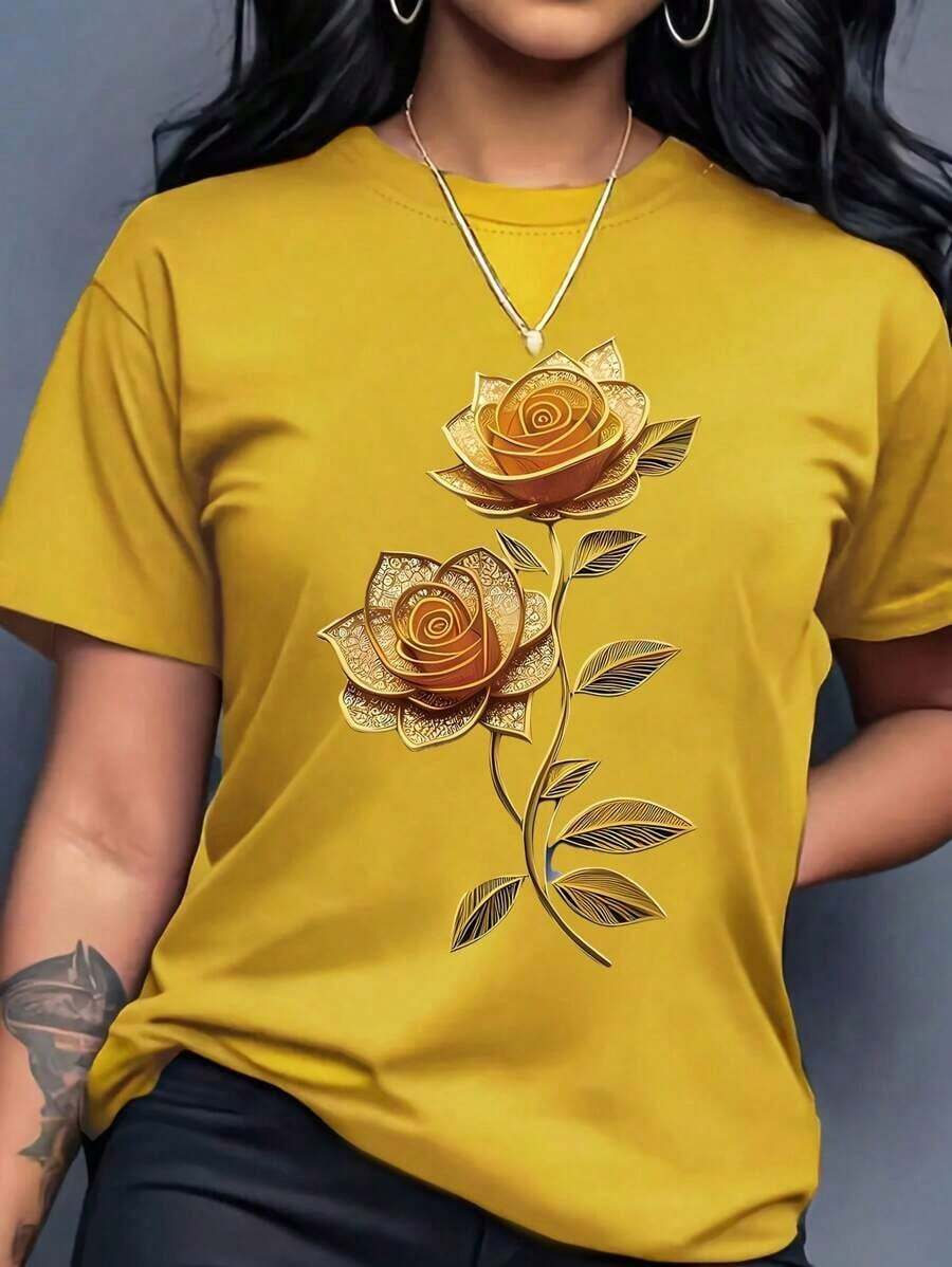 de mujer de manga corta con cuello redondo, estampado floral 3D, versátil y casual - Amarillo - Ver 1