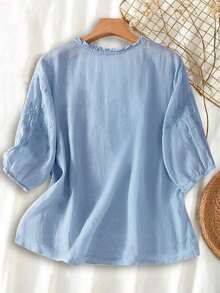 Blusa ligera y holgada de viscosa con bordado retro para mujer, para primavera y verano, casual, estilo campestre, tops de verano - Azul - Ver 2