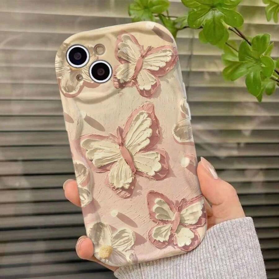 1 chiếc ốp lưng điện thoại vẽ tranh sơn dầu hình bướm, tương thích với iPhone 16 Pro Max, 15, 14, 13, 12/X, ốp lưng mềm cá nhân hóa. - Hồng - Xem 1