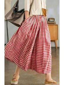 High-Waist New Casual Vacation-Style - Plaid Wide-Leg Pants Skirt, Loose And Elegant Casual Trousers - 紅色 - 查看 1