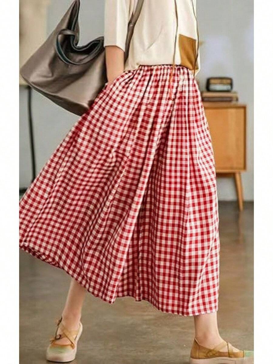 High-Waist New Casual Vacation-Style - Plaid Wide-Leg Pants Skirt, Loose And Elegant Casual Trousers - 紅色 - 查看 1