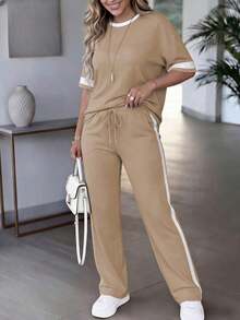 Conjunto de 2 piezas para mujer de primavera/verano, top de manga corta de cuello redondo y contraste de color casual y versátil, y pantalones rectos de cintura alta con cordón - Caqui 16 - Ver 3