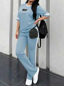Conjunto de 2 piezas de camiseta de manga corta de cuello redondo y pantalones sueltos de cintura elástica para mujer, uso casual diario, elegante para primavera/otoño y verano - Azul cielo 220 - Ver 3