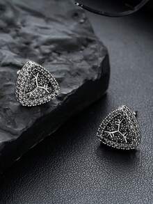 1 Coppia Di Orecchini A Perno Triangolari Completamente Tempestati Di Diamanti Di Lusso Alla Moda Per Uomo, Accessorio Maschile Con Texture Unica A Ramo, Adatto Per Uso Quotidiano, Regalo Per Amici In Occasione Di Festività, Compleanni, Anniversari - Multicolore - Visualizzare 3