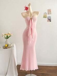 2026 Women's Romantic Gradient Mesh Knit Holiday Dress With Halter Neck, Bow And Decorative Metal Buckle, Mermaid Cut, Suitable For Parties, Dates, Afternoon Tea, Sexy And Elegant - 綠色 - 查看 8