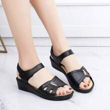 Women's Summer Sandals - Casual Solid Color, Breathable Hollow-Out Design, Hook And Loop Closure, Flat Heel Beach Shoes, Versatile Flat Sandals | Comfortable Fit - Black - View 7