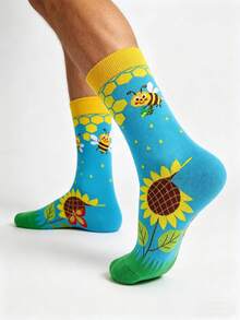 1 Pair Men's Fresh Blue-Green Contrast Color Bee Pattern Socks, Creative Design Mid-Calf Socks, Unisex Bee & Sunflower Cartoon Mid-Calf Socks, Funny Print Versatile Cotton Socks, Suitable For All Seasons - Multicolor - View 2