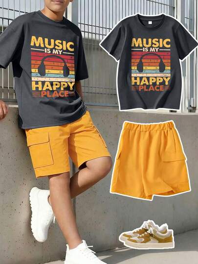 1 Set Teenager Boys' Round Neck Short Sleeve T-Shirt With Headphone Print, Paired With Minimalist Casual Khaki Shorts, New Summer Comfortable Outfit