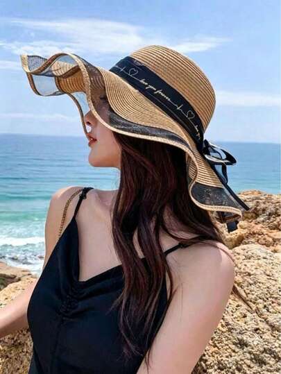 Mũ vành lượn sóng ren Pháp, nơ phối ren, phụ kiện không thể thiếu cho kỳ nghỉ biển.