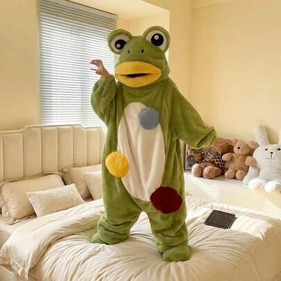 Funny Big Eyes Frog  Pajamas Set, 2-Piece With Robe And Shoes, Thickened Cozy Sleepwear, Party Cosplay Costume, Birthday Gift