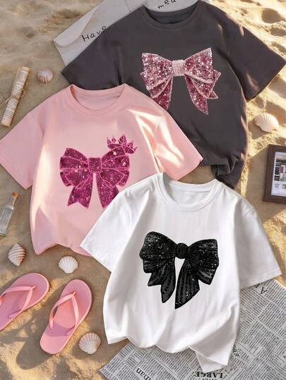 3pcs/Set Girls' Casual Printed Round Neck Short Sleeve T-Shirt, Summer Student Youth Clothing - Colorful Butterfly Print T-Shirt Brings Joy And Happiness To Every Child!