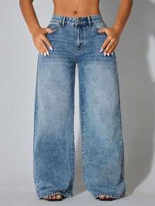 Jeans casuales de cintura baja y pierna ancha de color azul con bolsillos en diagonal, ropa de verano y primavera - Azul 2 - Ver 6