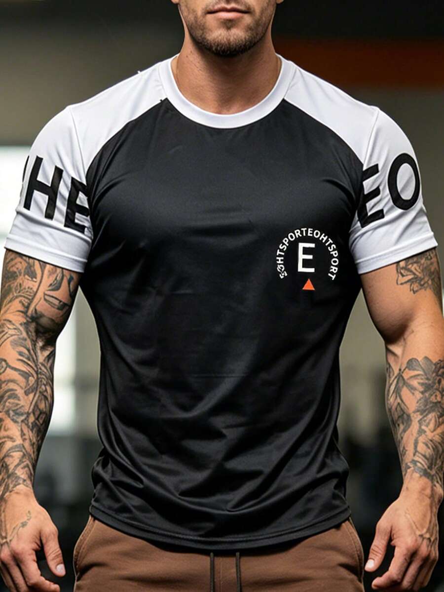1 pieza Camiseta de manga corta de fitness de verano para hombres, ropa deportiva para gimnasio, baloncesto, entrenamiento y running - Negro - Ver 1