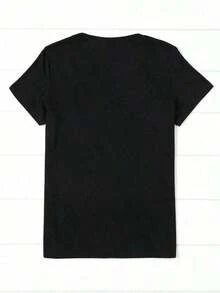 Camiseta Casual de Manga Corta con Cuello Redondo y Estampado de la Torre Eiffel de París para Mujer - Negro - Ver 2