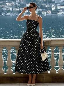 2026 Nuevo vestido elegante, sexy y casual de primavera/verano para vacaciones, fiestas de té, festivales de música country, con volantes en la cintura, tirantes a lunares, color blanco - Negro - Ver 5