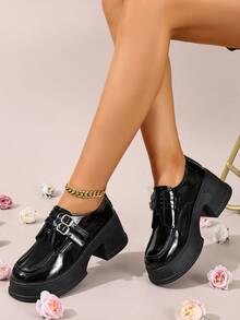 Women's Black Patent Platform Loafers, All-Match Chunky Heel Shoes For School/Office/Events - màu đen - Xem 2