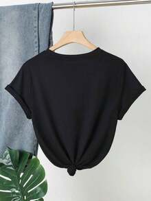 Women's Slogan & Floral Print Round Neck Short Sleeve Casual Milk Silk Regular T-Shirt Black Vacation Summer - 黑色 - 查看 2
