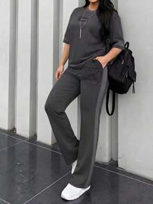 2 piezas Conjunto de camiseta de manga corta de cuello redondo y pantalones sueltos de cintura elástica para mujer, uso diario casual elegante de verano en color negro - Gris oscuro 23 - Ver 7