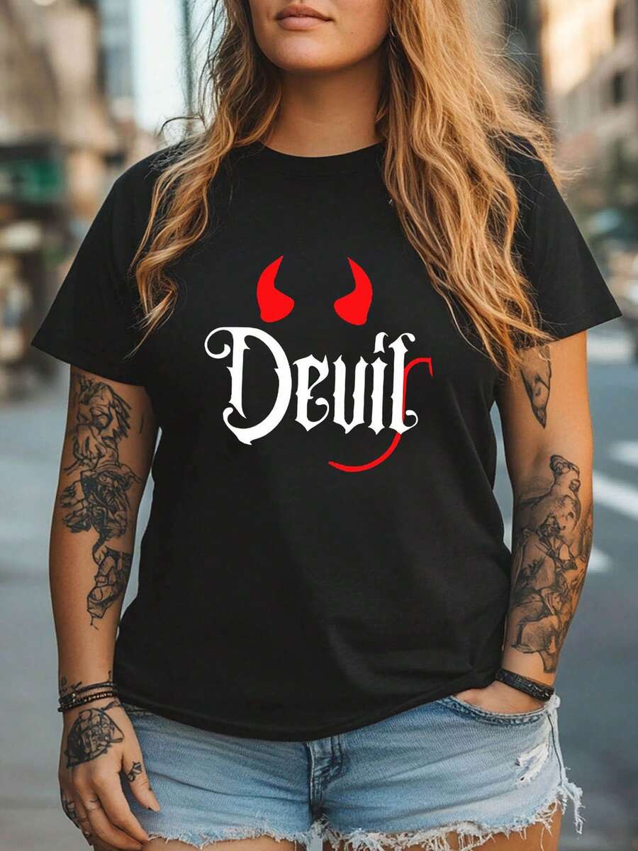 Talla, camiseta de mujer de talla con estampado gráfico, top casual de manga corta y cuello redondo para verano y primavera, ropa de mujer - Negro - Ver 1